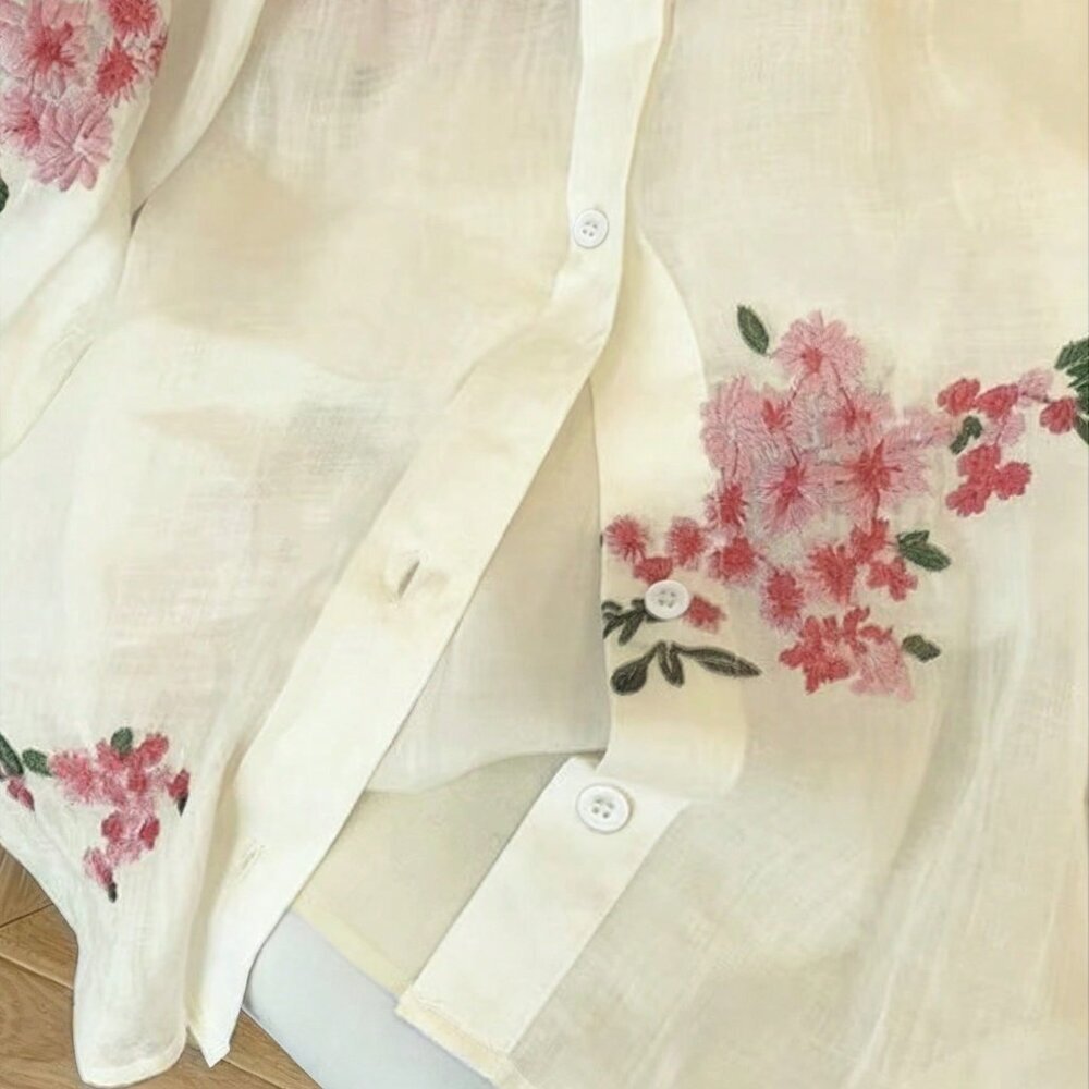 Apricot Casual Women's Romantic Embroidered Floral Long Sleeve Button-Up Shirt - Picture 3 of 5